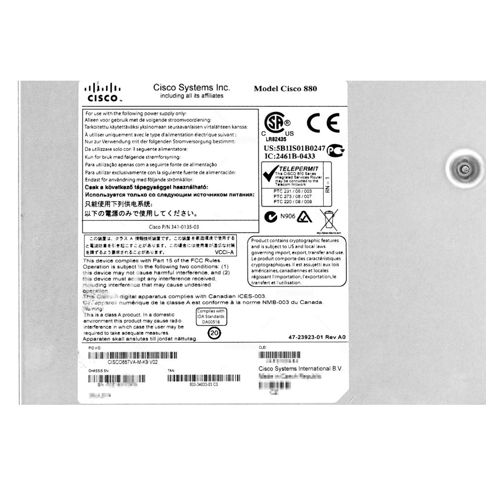 CISCO887VA-M-K9 CISCO 887 4 PORT 100MB ETHERNET INTEGRATED SERVICES ROUTER 800-34033-03