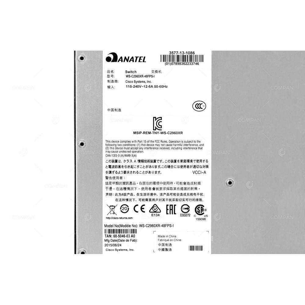 WS-C2960XR-48FPS-I CISCO CATALYST 2960XR 48 PORT 1GB ETHERNET POE+ 740W 4 PORT 1GB SFP SWITCH -