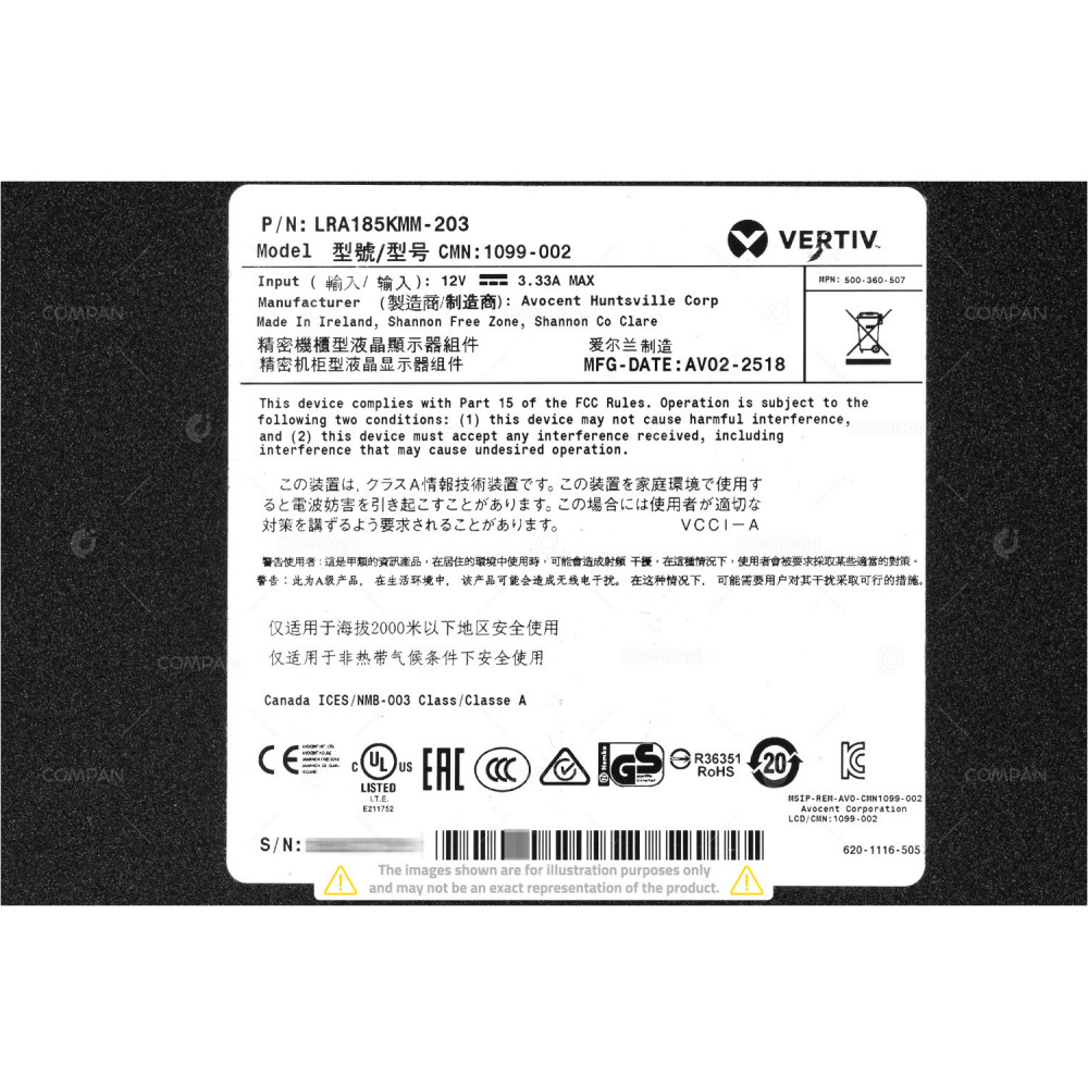 LRA185KMM-203 VERTIV LRA185KMM8-203 LCD USB SWISS KEYBOARD KVM WITH RAILS 500-360-507