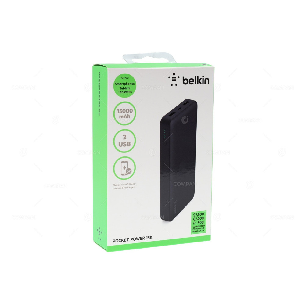 POCKET POWER 15K BELKIN 15,000 MAH BATTERY PACK 2 PORT USB A 1 PORT MICRO-USB POWER BANK. F7U021LBTBLK, 8830BT24371, XU100325-17008A