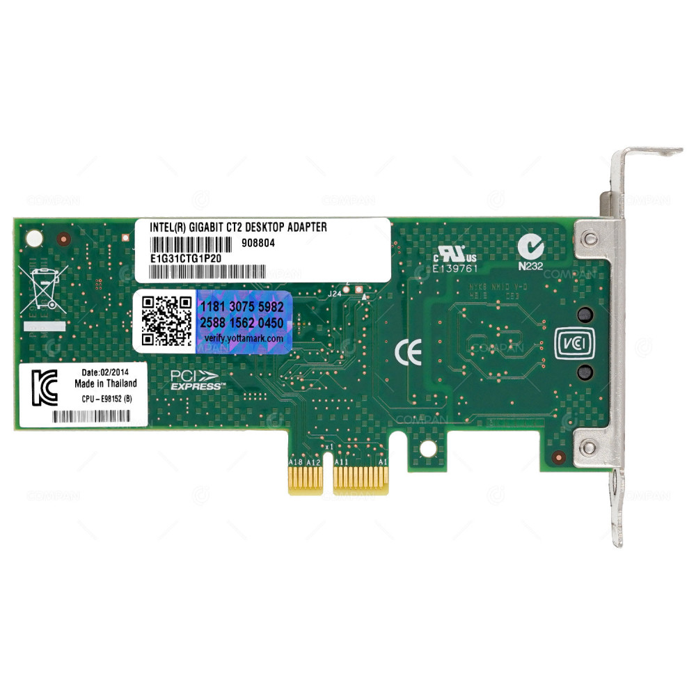 E1G31CTG1P20  INTEL CT2 PCI-E SINGLE PORT 1GB RJ-45 DESKTOP ADAPTER