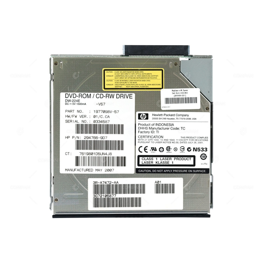 399959-001 HP DVD-ROM CD-RW DRIVE 24X IDE SLIMLINE COMBO FOR PROLIANT DL580, DL360 G4 G5 1977098V-57, 294766-9D7,DW-224E, 383696-002, TCJ-DW-224E
