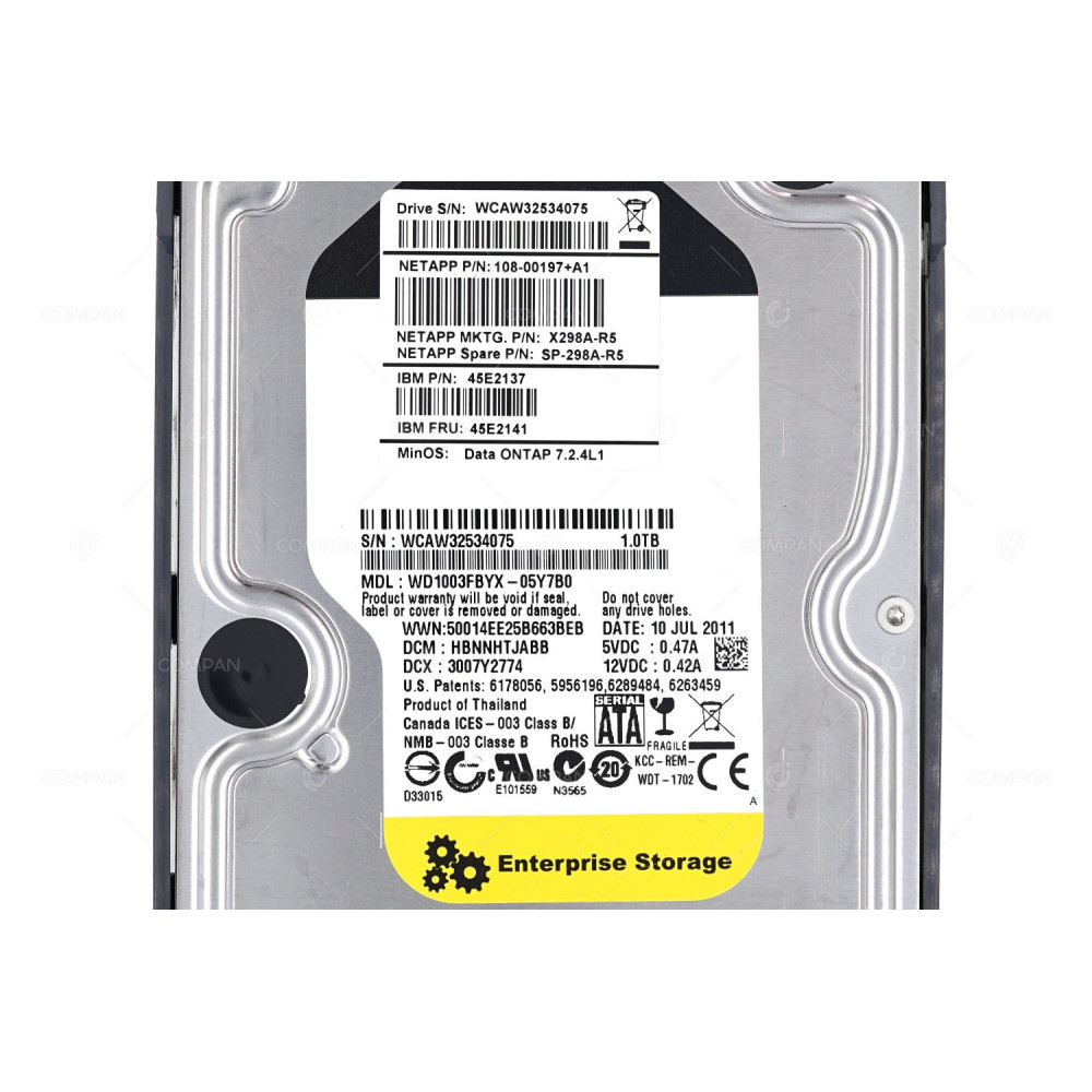 X298A NETAPP HDD 1TB 7.2K SATA 3G 3.5" LFF FOR FAS2020 FAS2040