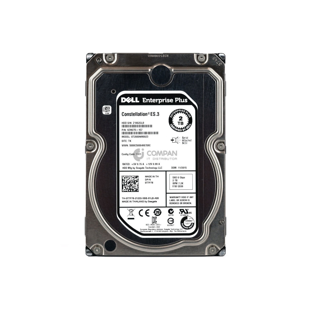 T7F78 DELL HARD DRIVE 2TB 7.2K  6G 3.5 SAS