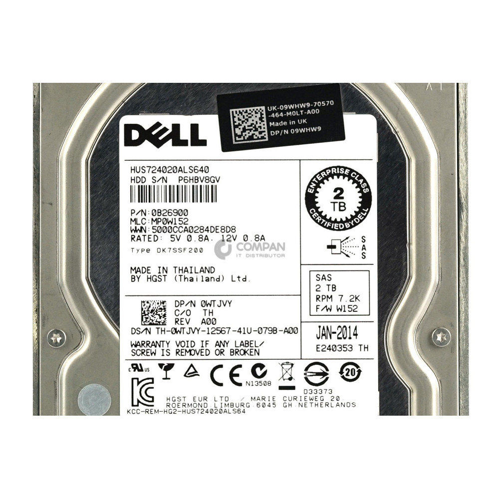 WTJVY DELL HARD DRIVE 2TB 7.2K 6G 3.5 LFF SAS