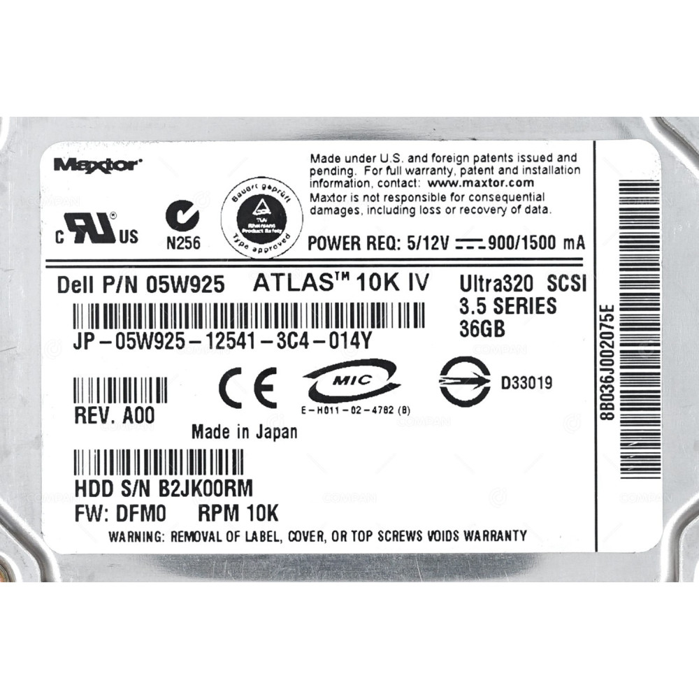 5W925 DELL HARD DRIVE 36GB 10K U320 3.5 SCSI HOT-SWAP