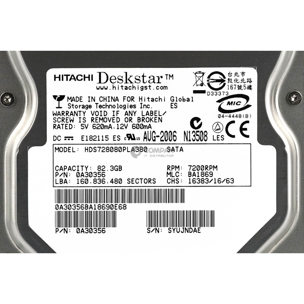 HDS728080PLA380 HITACHI HDD 80GB 7.2K 3.5" LFF SATA 1.5G