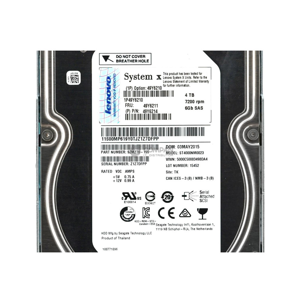 49Y6211 LENOVO HARD DRIVE  4TB 7.2K 6G SAS 3.5 LFF 49Y6214, 49Y6210