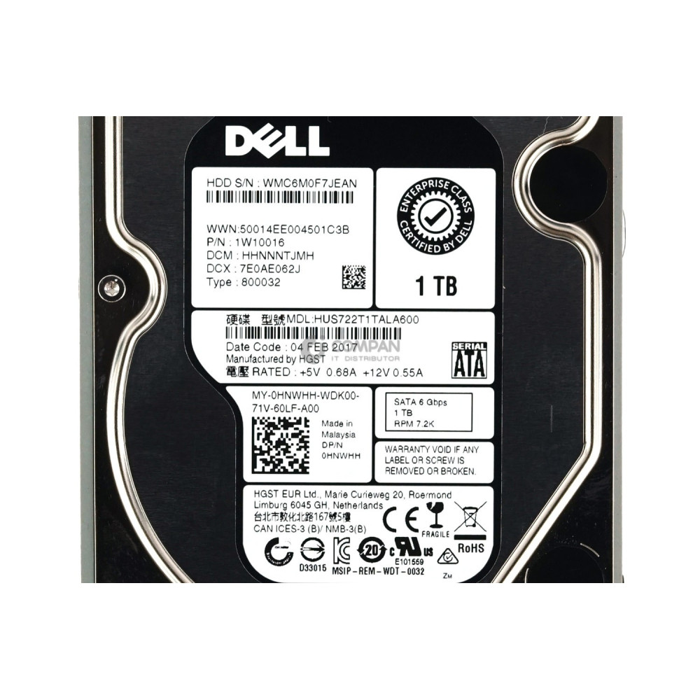 HNWHH DELL HARD DRIVE 1TB 7.2K 6G SATA III 3.5 LFF 0HNWHH, HUS722T1TALA600, 1W10016, HHNNNTJMH