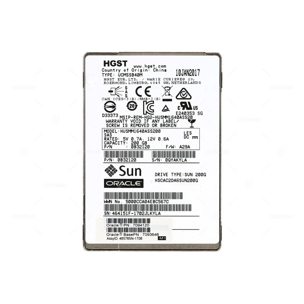 7094120 SUN 200GB 12G 2.5 SFF IN 3.5 LFF SAS SSD HUSMM1640ASS200, 7093646