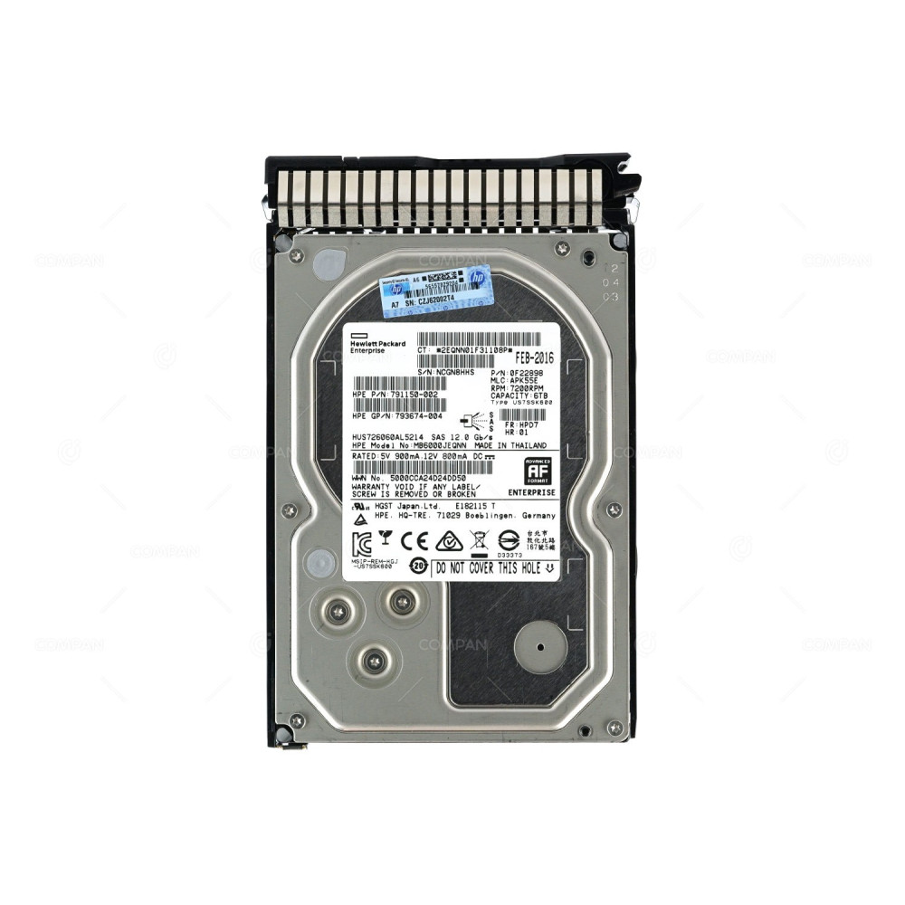 793764-001 HP HARD DRIVE 6TB 7.2K 12G 3.5 LFF HOT PLUG SAS 791150-002, 793674-004, HUS726060AL5214, 0F22898