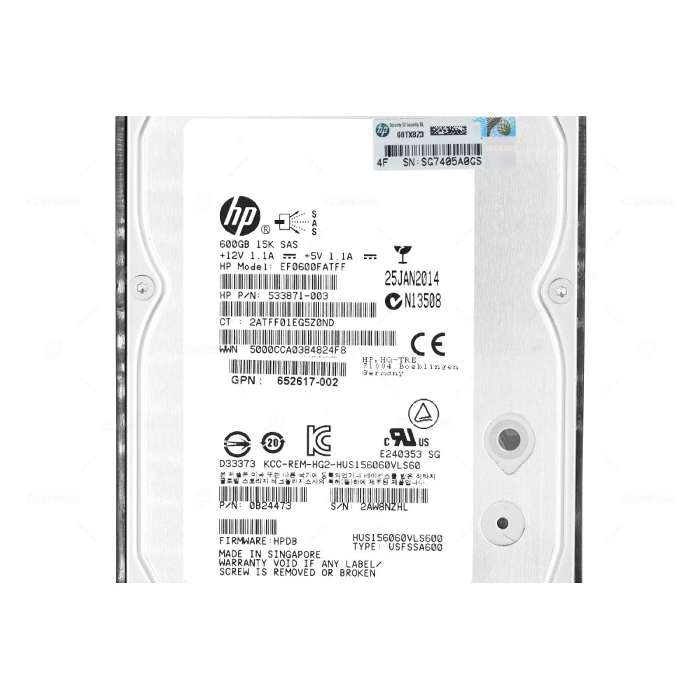 653952-001 HP 600GB 15K 6G SAS 3.5 LFF HOT-SWAP 652620-B21