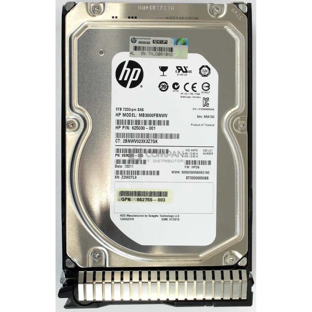 653959-001 HP 3TB 7.2K 6G SAS 3.5 LFF HOT SWAP 625030-001, 638521-002, 652766-B21, ST33000650SS, HUS723030ALS640