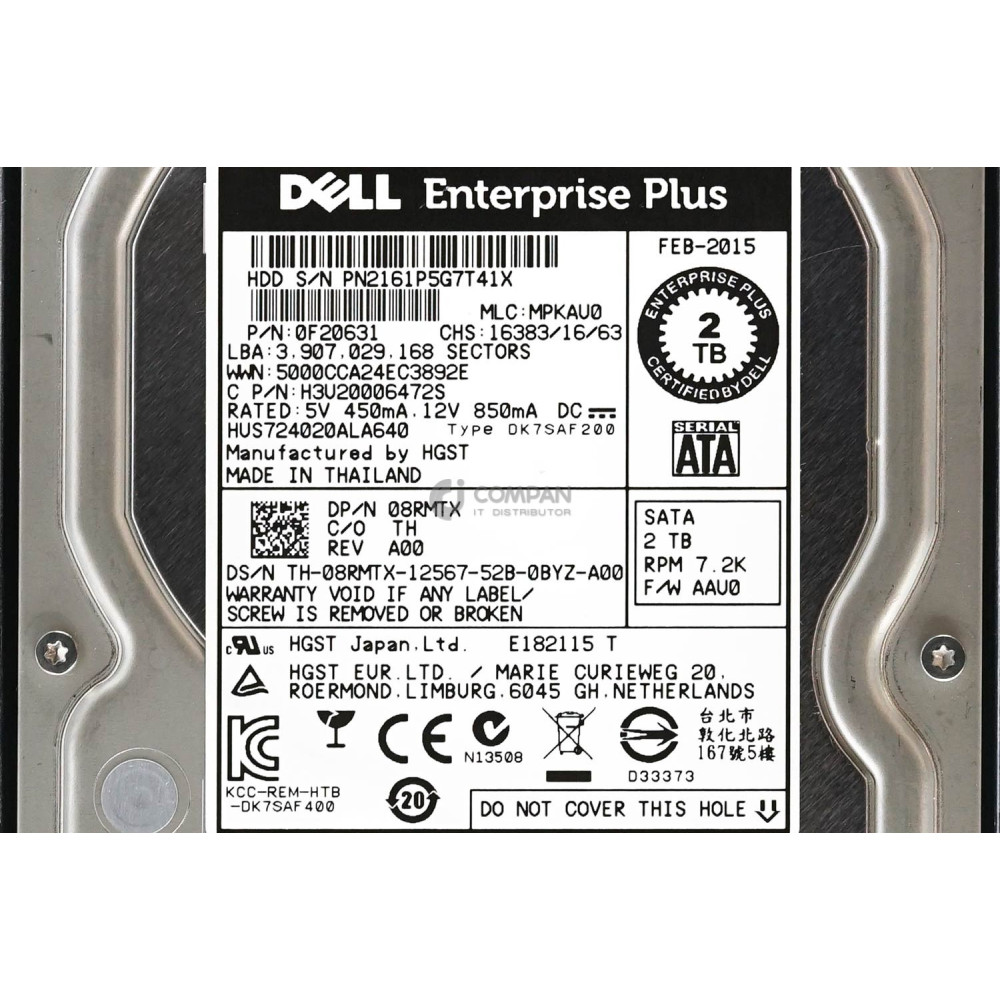 8RMTX DELL HDD 2TB 7.2K SATA 6G 3.5" LFF HOT-SWAP FOR DELL EQUALLOGIC