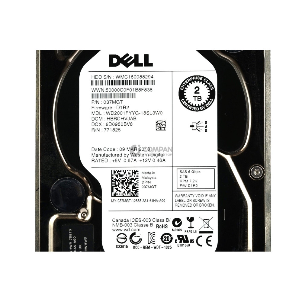 37MGT DELL HARD DRIVE 2TB 7.2K 6G 3.5 LFF SAS 037MGT, WD2001FYYG-18SL3W0