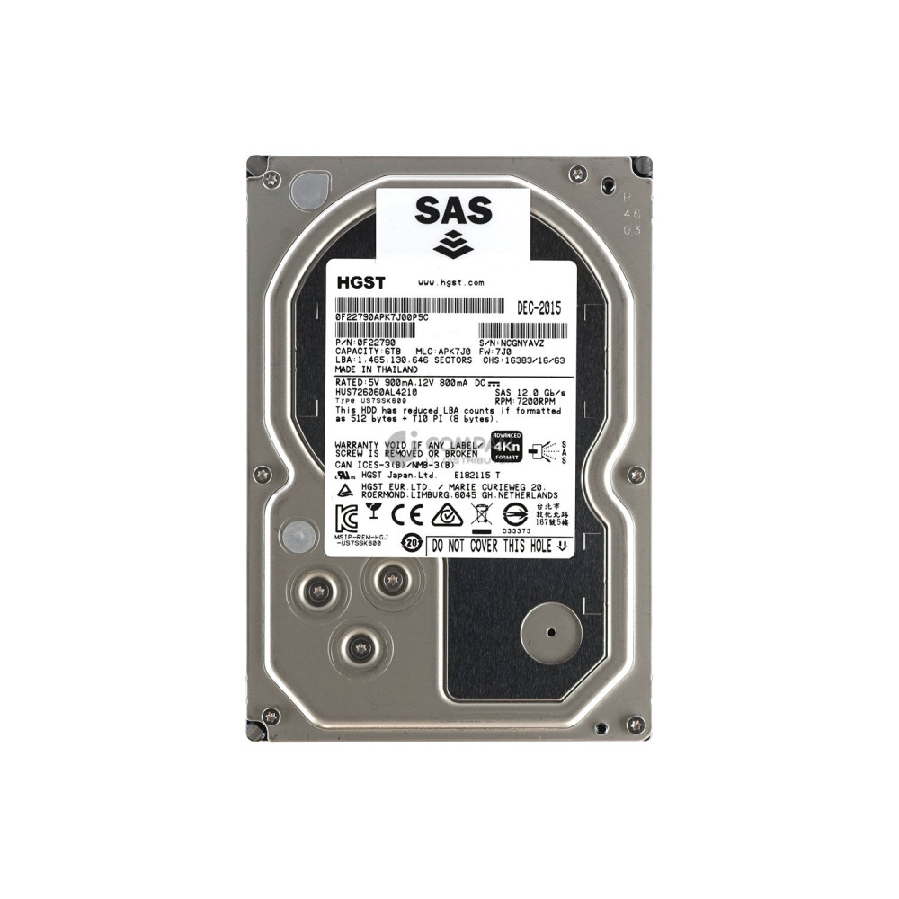 HUS726060AL4210 HITACHI 6TB 12G SAS 7.2K 3.5' LFF ADVANCED 4KN FORMAT HOT-SWAP HARD DRIVE -