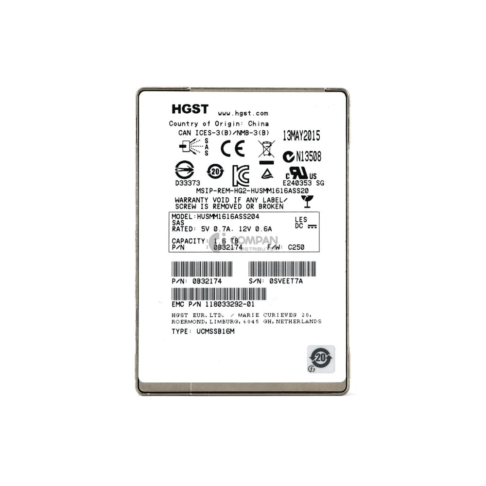 HUSMM1616ASS204 HITACHI 1.6TB 12G SAS 2.5 SSD 118033292-01
