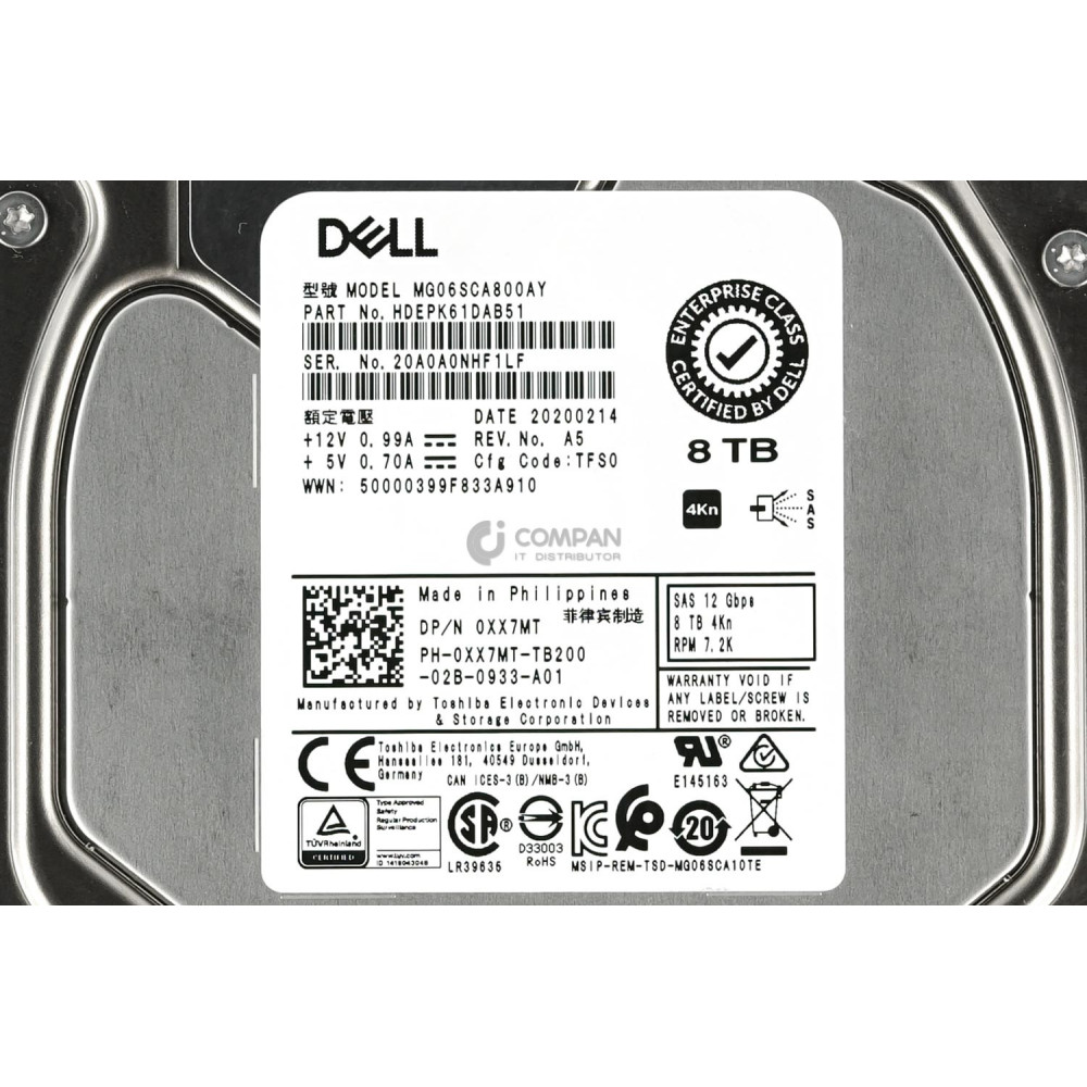XX7MT DELL HARD DRIVE 8TB 7.2K 12G  4KN 3.5 LFF SAS 0XX7MT