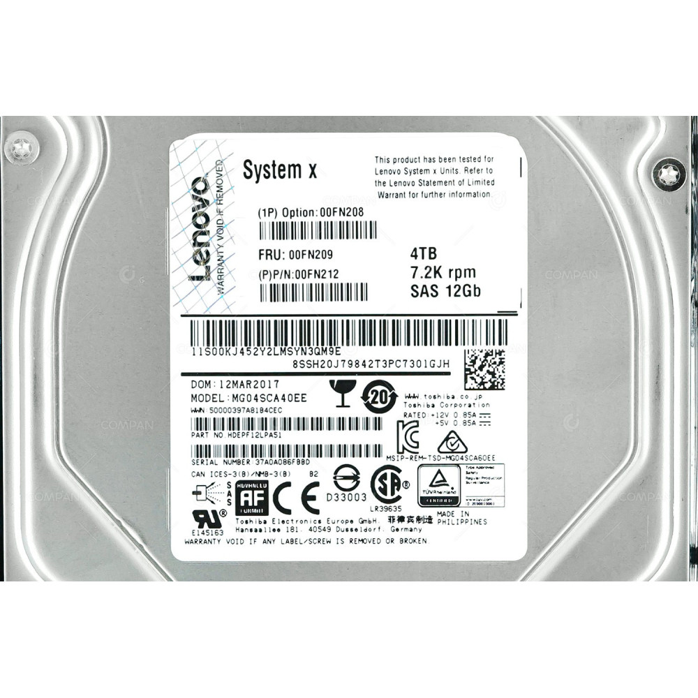 00FN209 LENOVO HARD DRIVE 4TB 7.2K 12G 3.5 LFF SAS
