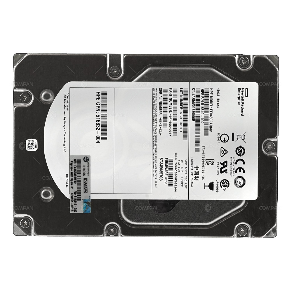 653951-001 HP HARD DRIVE 450GB 15K 6G SC 3.5 LFF SAS