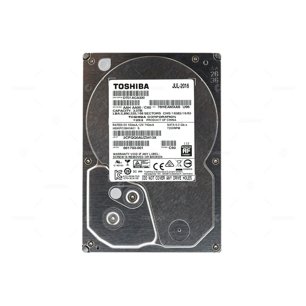 DT01ACA300 TOSHIBA HARD DRIVE 3TB 7.2K 6G 3.5 SATA