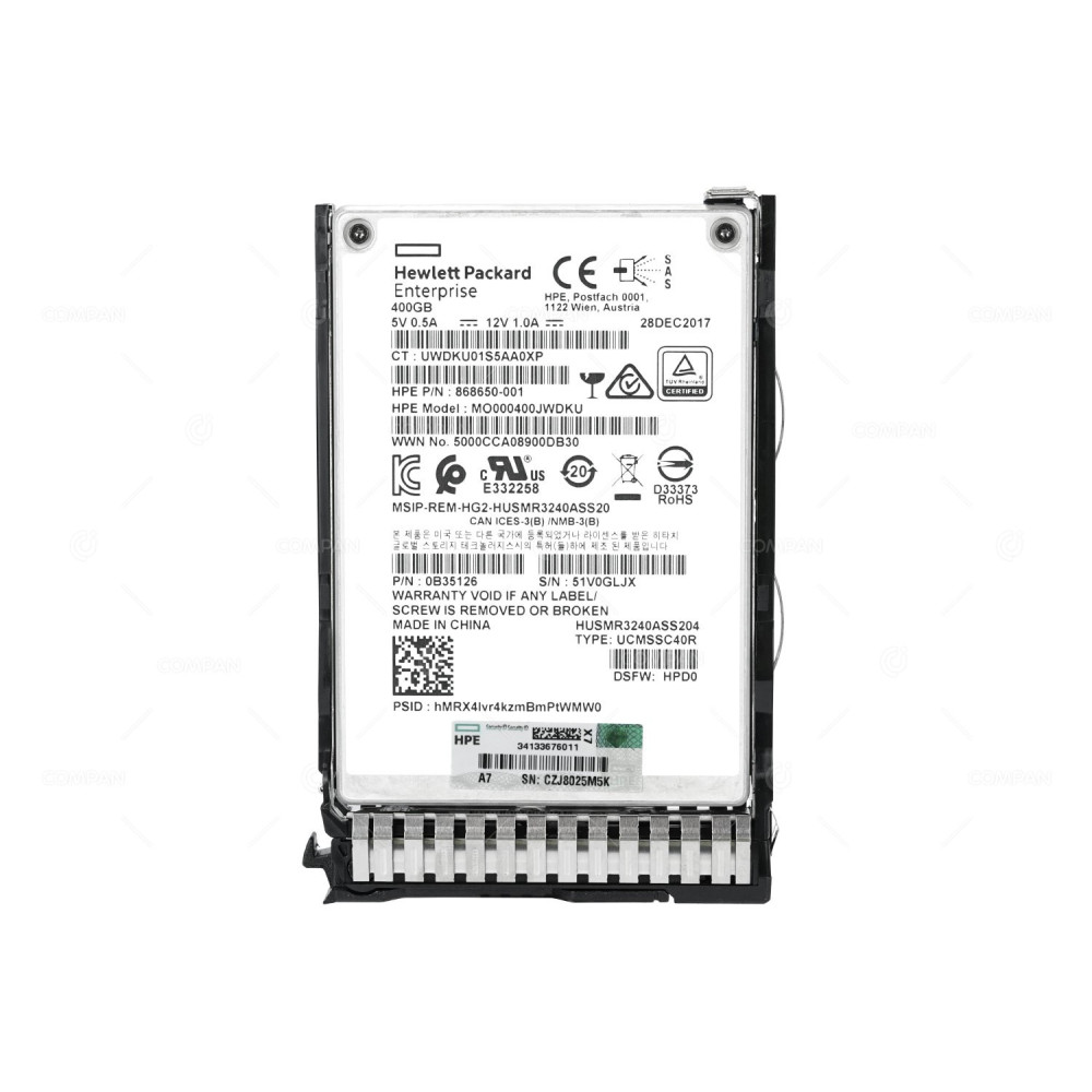 873566-001 HP SOLID STATE DRIVE 400GB 12G SAS DS MU 2.5 SFF SSD G8 G9 873359-B21, 873359-S21, 868650-001, 0B35126, HUSMR3240ASS204, MO000400JWDKU