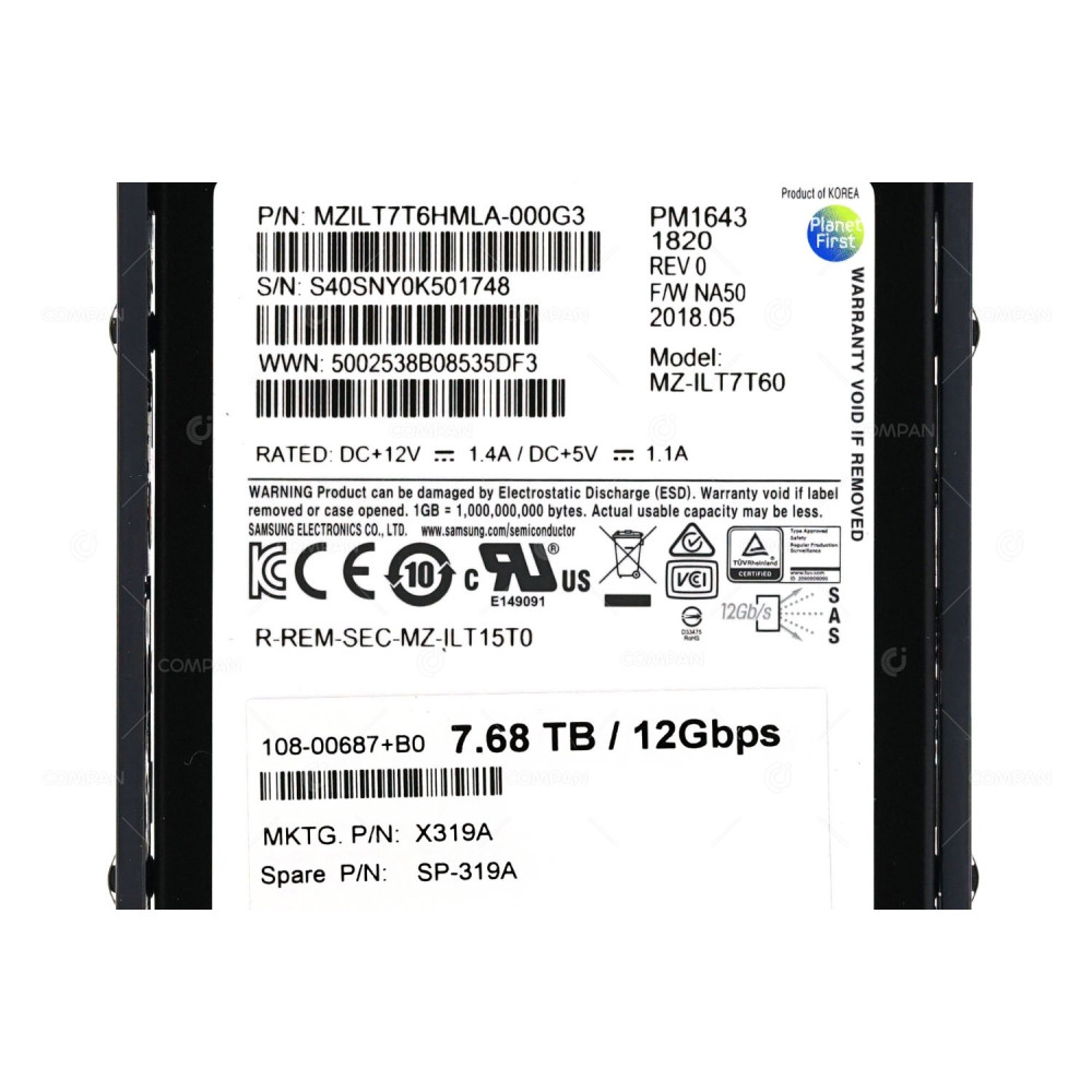 X319A NETAPP SOLID STATE DRIVE 7.68TB 12G 2.5 SFF PM1643 1820 SSD DRIVE DS224C