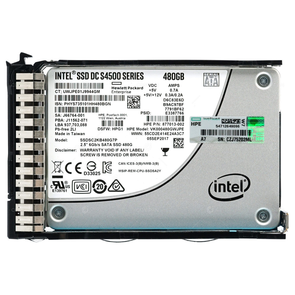 878846-001 HP SOLID STATE DRIVE 480GB 6G SATA RI DS DC S4500 2.5 SFF SSD 877746-B21, J66764-001, SSDSC2KB480G7P