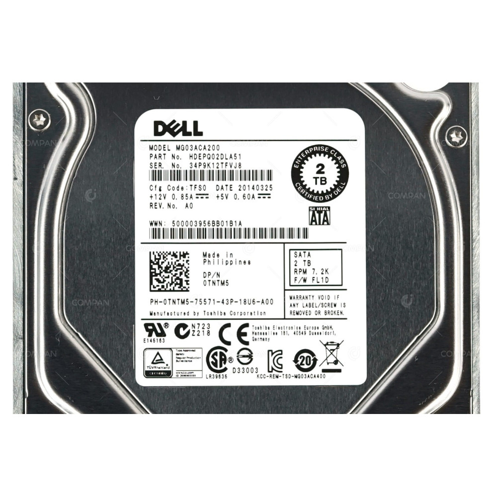TNTM5 DELL HARD DRIVE 2TB 7.2K 6G SATA 3.5 LFF 0TNTM5, MG03ACA200, HDEPQ02DLA51
