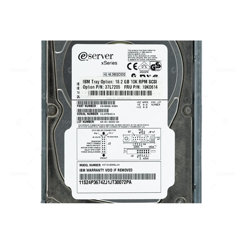 19K0614 IBM HARD DRIVE 18.2GB 10K ULTRA 160 SCSI 80 PIN 3.5 LFF HOT-SWAP 37L7205, 9V8006-038, ST318305LC