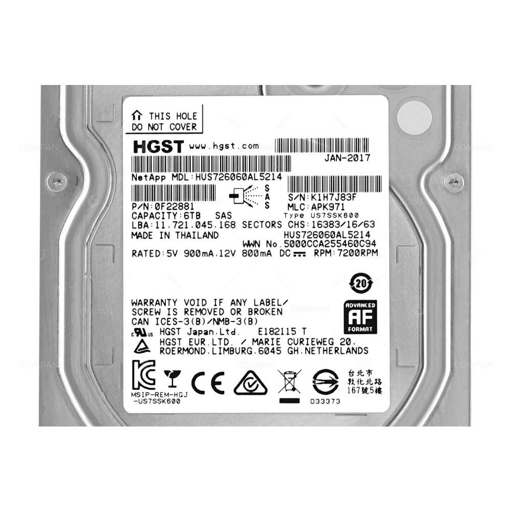 HUS726060AL5214 HITACHI HARD DRIVE 6TB 7.2K 12G SAS III 128MB CACHE ADVANCED FORMAT 512E 3.5 LFF 0F22881