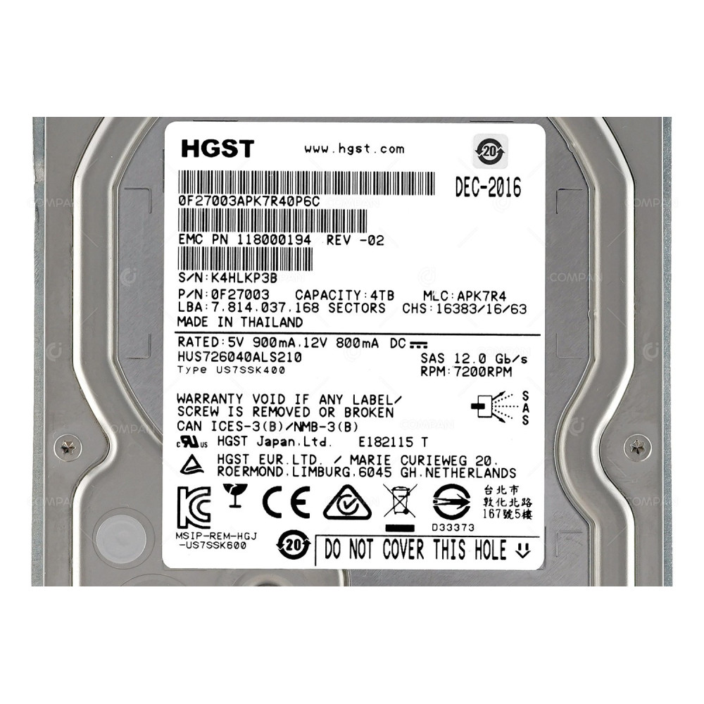 005053594 EMC HDD 4TB 7.2K SAS 12G 3.5" LFF FOR EMC DATADOMAIN DD9300