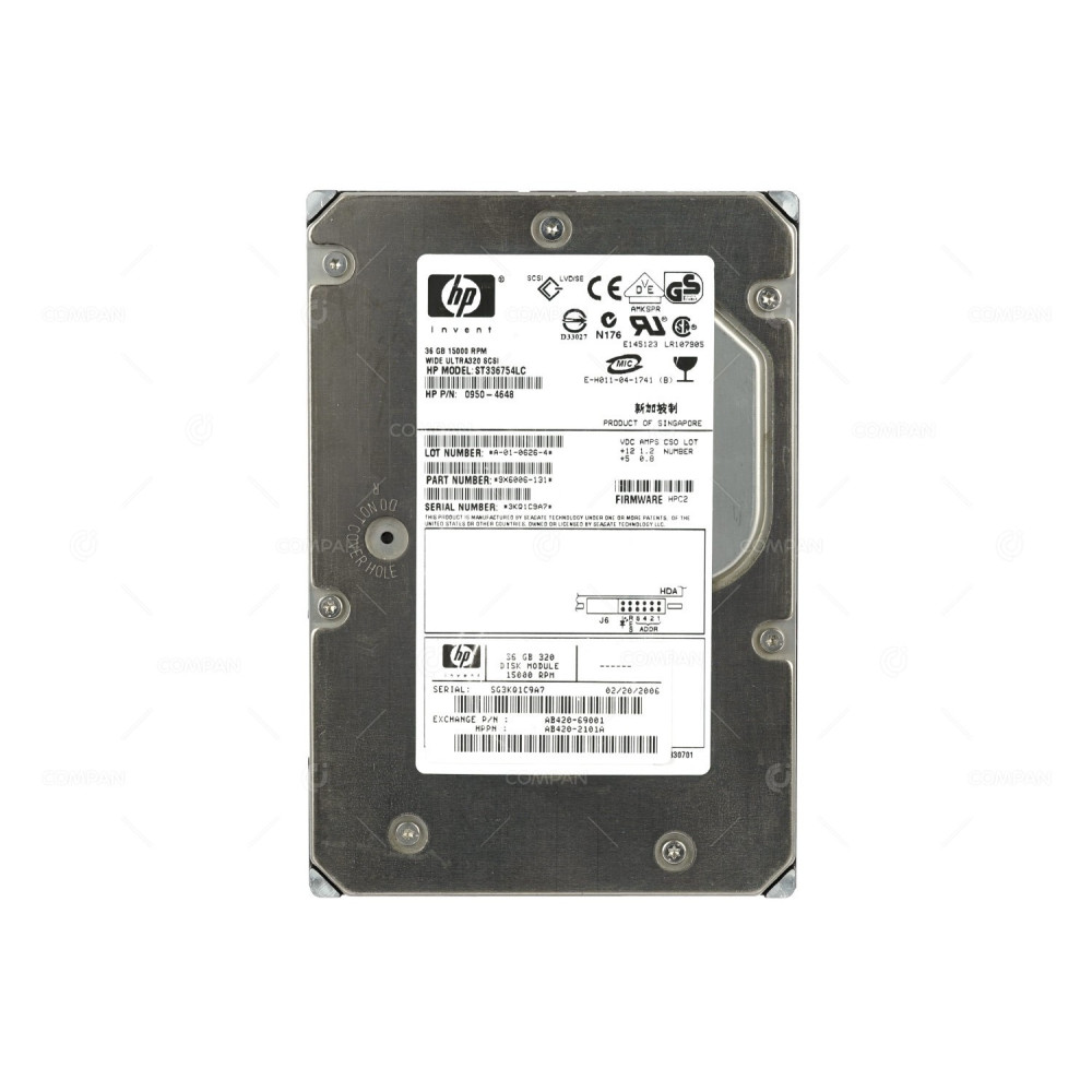 AB420-69001 HP HARD DRIVE 36GB 15K ULTRA320 SCSI 3.5 LFF AB420-2101A, 0950-4648