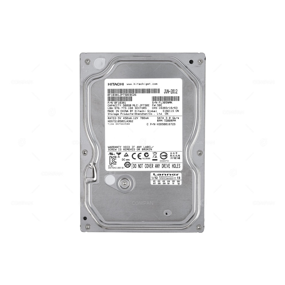 HDS721050CLA362 HITACHI HARD DRIVE 500GB 3G 7.2K 3.5 LFF SATA 0F10381