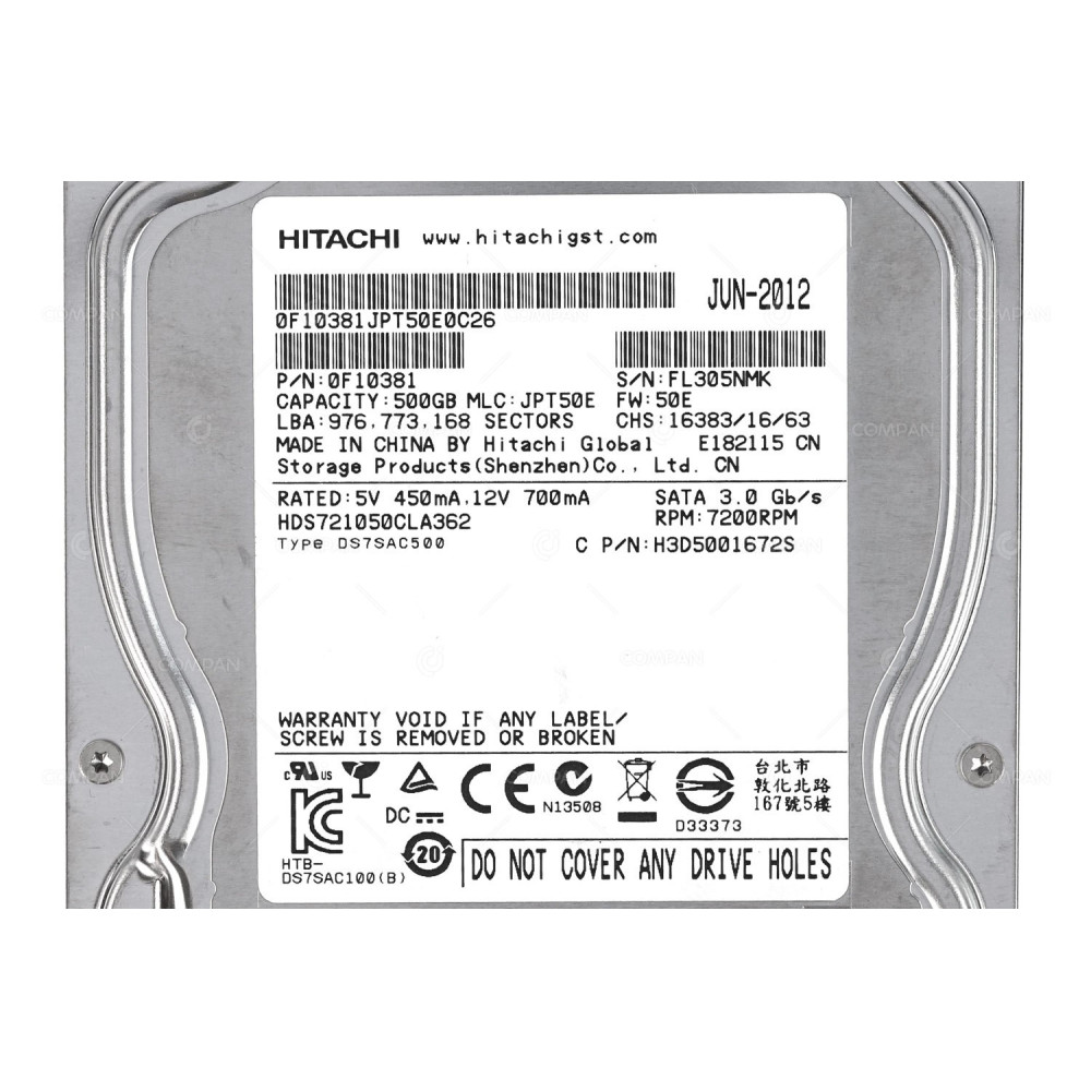 HDS721050CLA362 HITACHI HARD DRIVE 500GB 3G 7.2K 3.5 LFF SATA 0F10381