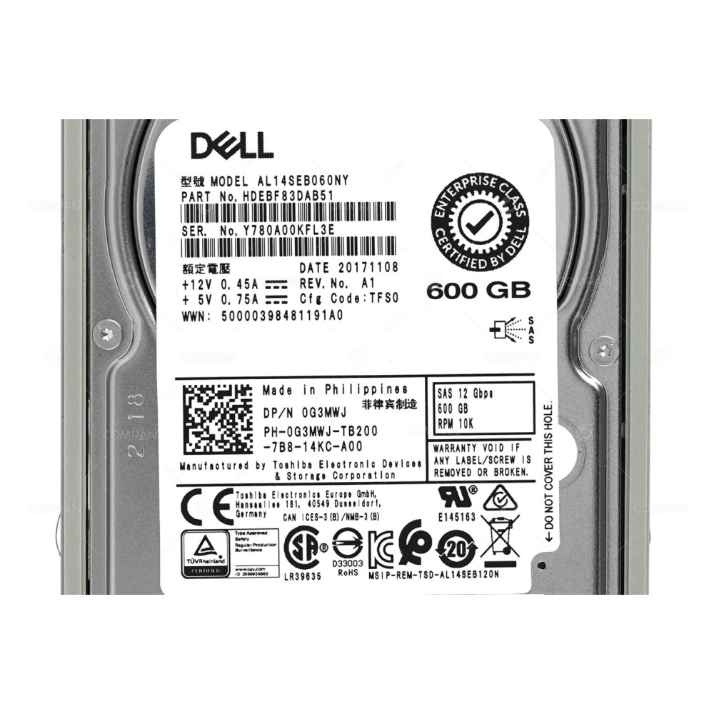 G3MWJ DELL HARD DRIVE 600GB 10K 12G 2.5 SFF SAS FOR DELL R730 G13 0G3MWJ, AL14SEB060NY