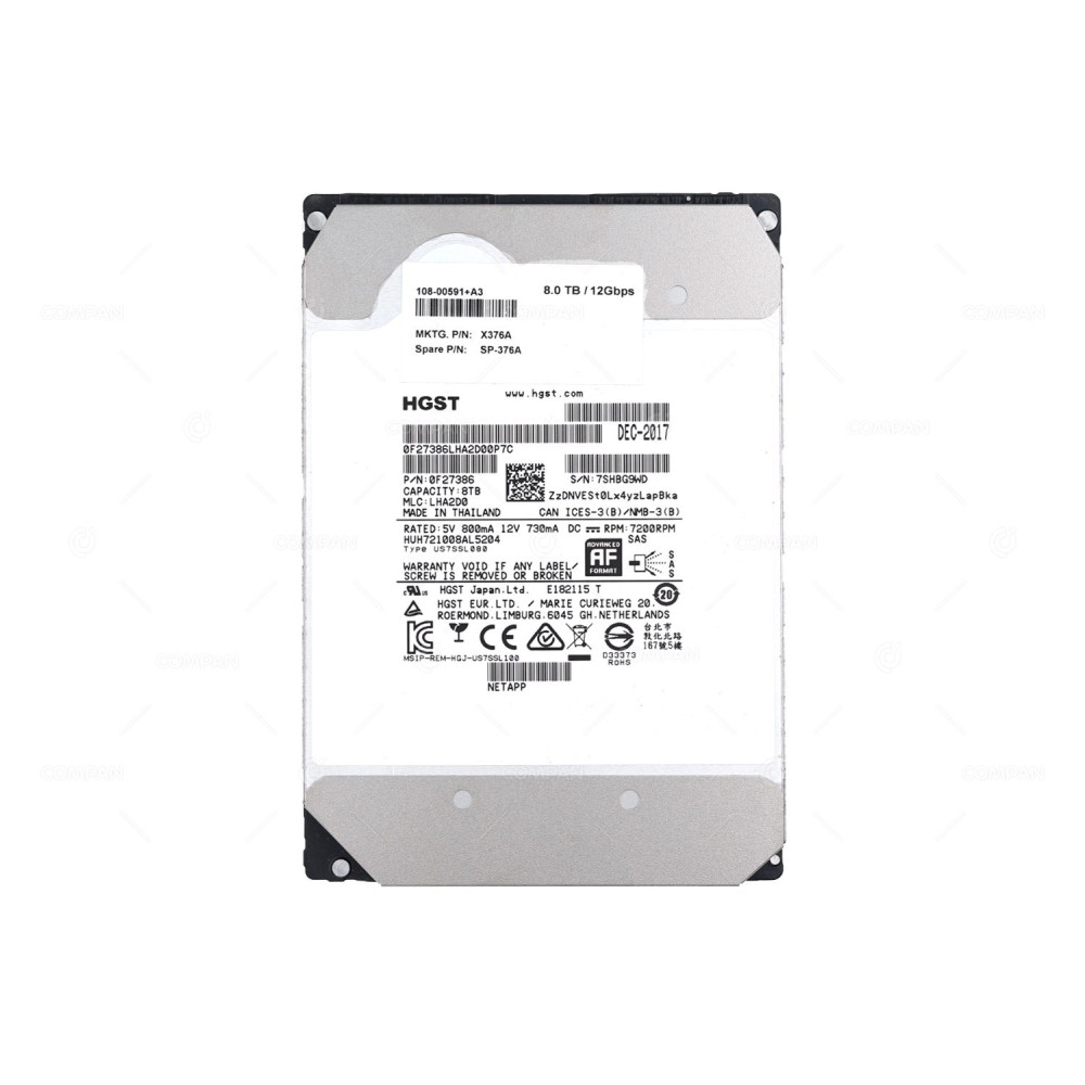 X376A NETAPP 8TB 12G 7.2K SAS 3.5 FOR DS460C 108-00591, SP-376A, HUH721008AL5204, 0F27386, 108-00591+A3