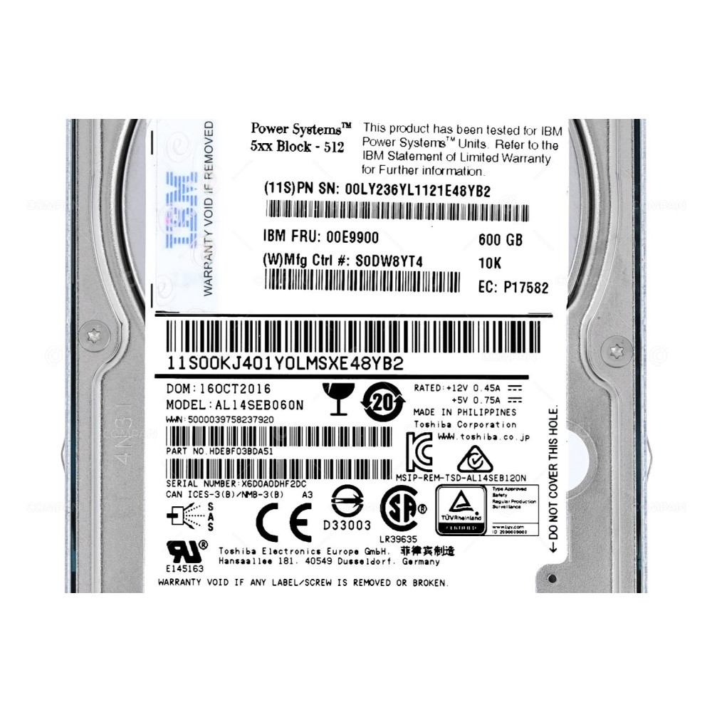 00E9900 IBM HARD DRIVE 600GB 10K 12G RPM 528 BLOCK SIZE 2.5 SFF SAS DRIVE AIX AND LINUX FOR S822 PSERIES POWER8 59D0, 00LY236