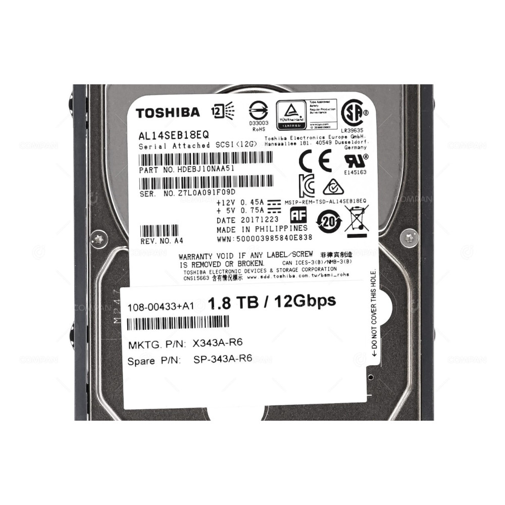 X343A-R6  NETAPP HARD DRIVE 1.8TB 10K 12G SAS 2.5 SFF FOR DS2246 DS224C FAS2650 FAS2750