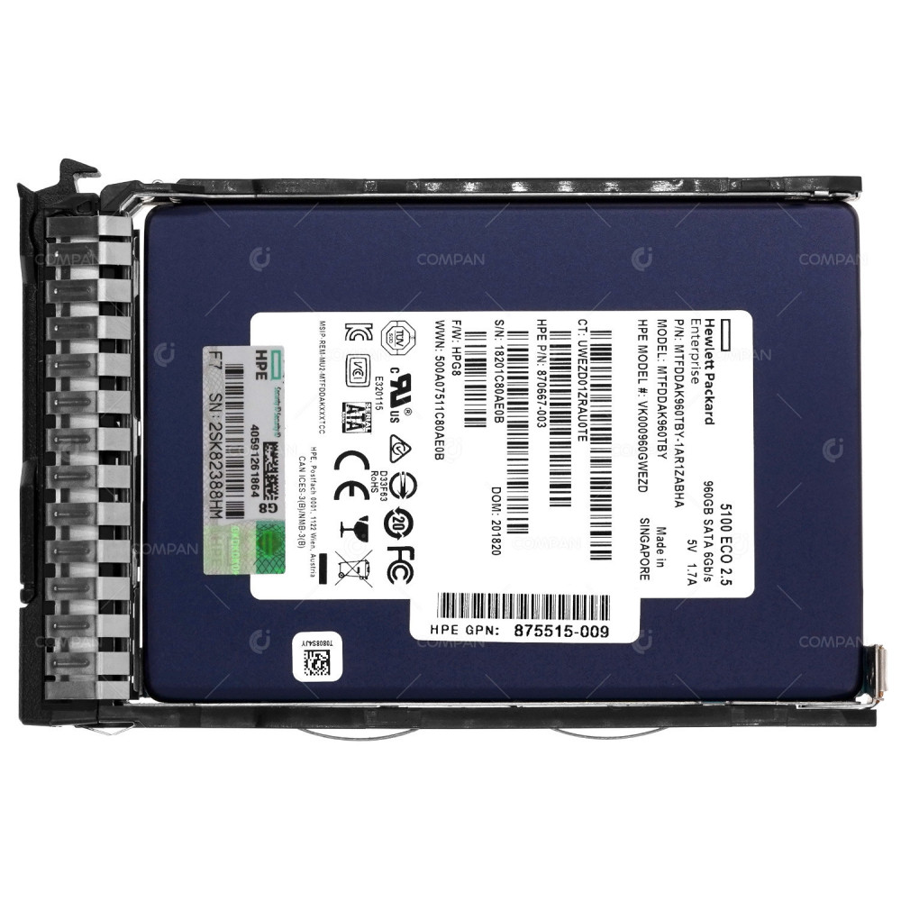 875656-001 HP SSD 960GB / SATA 6G / DS / 2.5" SFF / FOR DL380 G8 G9 G10