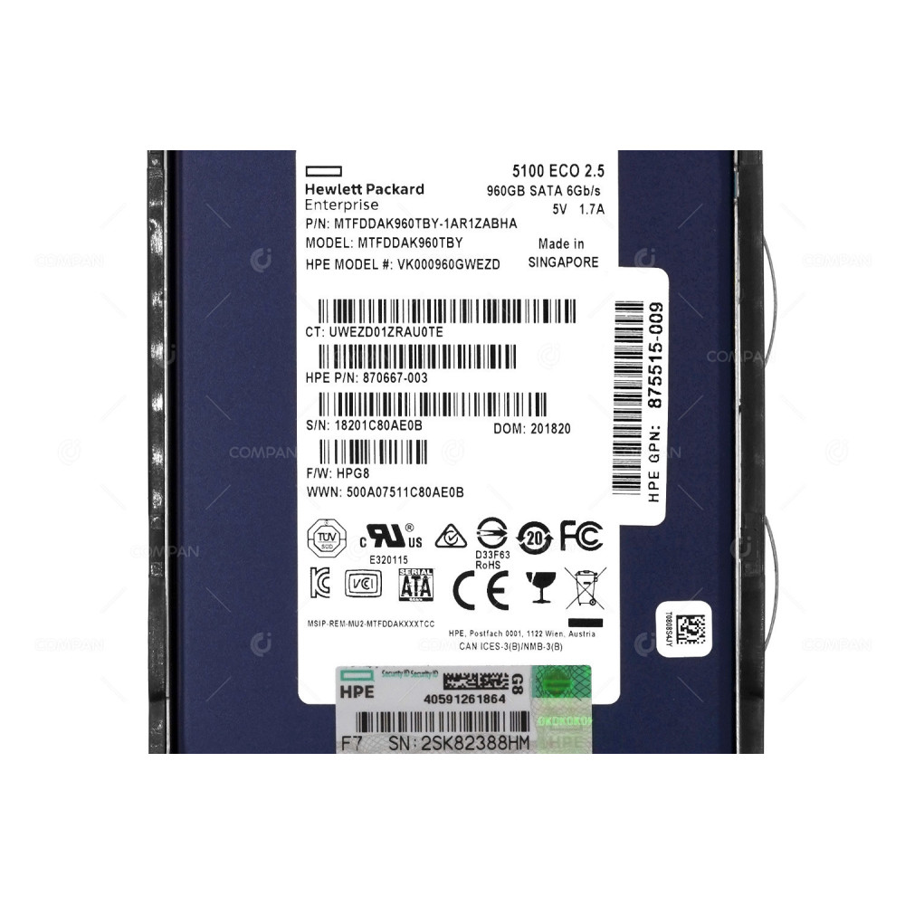875656-001 HP SSD 960GB / SATA 6G / DS / 2.5" SFF / FOR DL380 G8 G9 G10