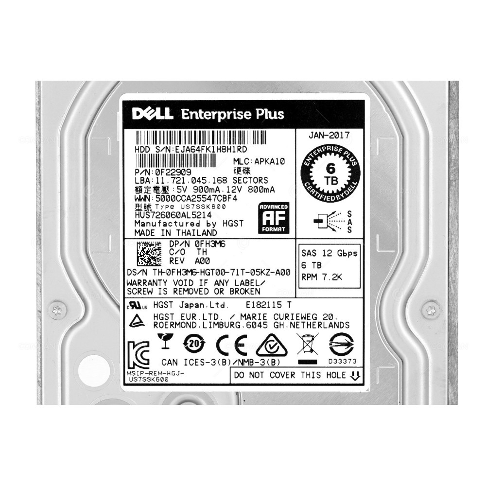FH3M6 DELL HDD 6TB 7.2K SAS 12G 3.5" LFF FOR DELL COMPELLENT