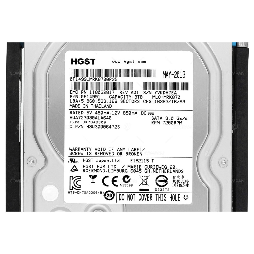 005049567 EMC HARD DRIVE 3TB 7.2K 3G SATA 3.5 LFF FOR DATADOMAIN 9500 SERIES 118032817, HUA723030ALA640
