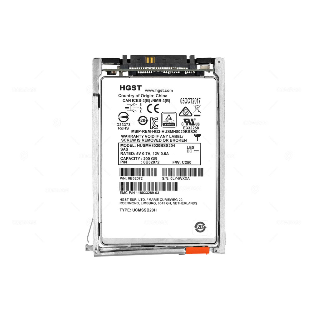 005051137 EMC 200GB 2.5" SSF 6G SAS FLASH SSD FOR VNX 118033289-03, HUSMH8020BSS204