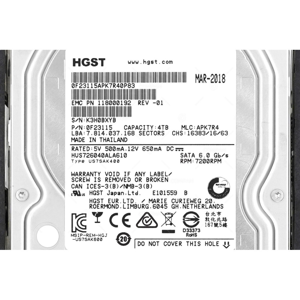 005051844 EMC 3TB 3.5" LFF 7.2K 6G SATA HARD DRIVE 118000192, 0F23115