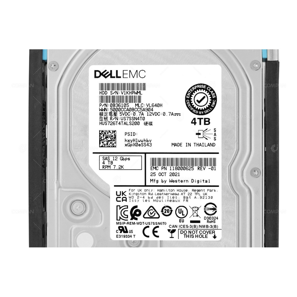 005053103 EMC 4TB 7.2K 3.5 LFF 12G SAS HARD DRIVE FOR DATADOMAIN 0B36105, 118000625-01, HUS726T4TALS200