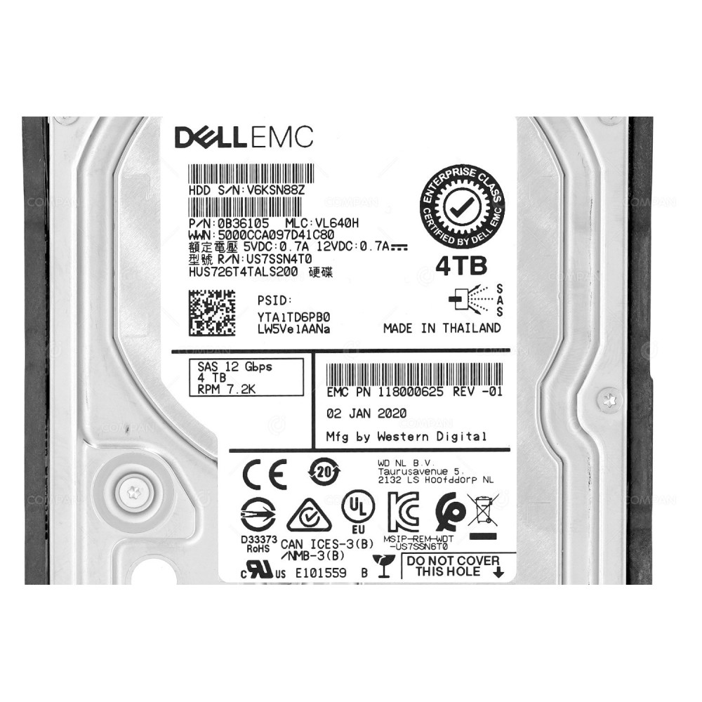 005053106 EMC 3TB 7.2K 12G SAS 3.5 LFF HARD DRIVE 118000625, 0B36105, HUS726T4TALS200
