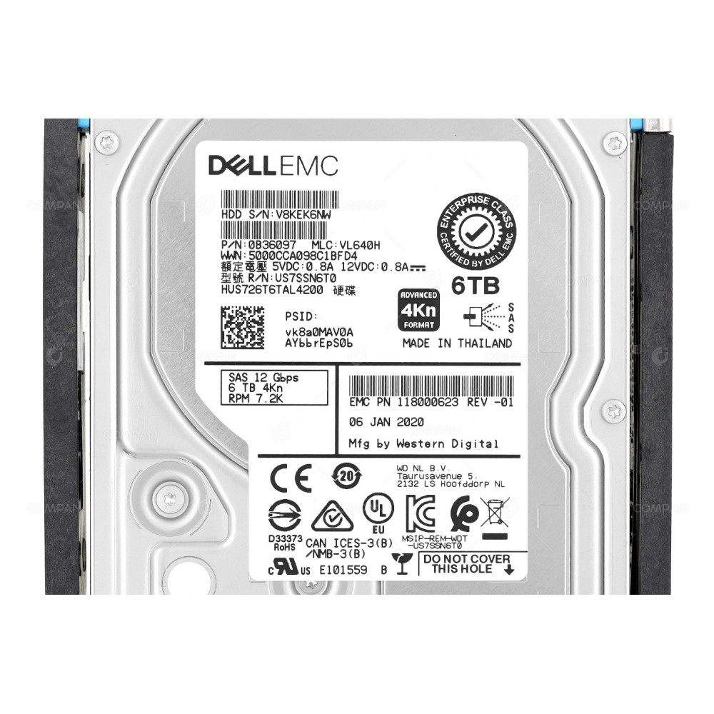 005053122 EMC HARD DRIVE 6TB 7.2K 12G SAS 3.5 LFF FOR UNITY DAE 118000623-01, 0B36097, HUS726T6TAL4200