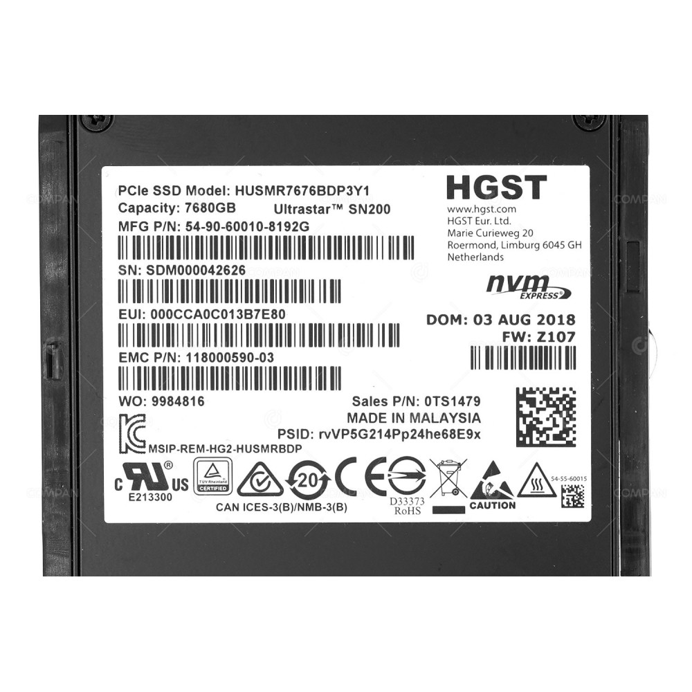 005053407 EMC POWERMAX 7.68TB NVME U.2 PCIE 2.5 SFF SSD HUSMR7676BDP3Y1, 118000590-03