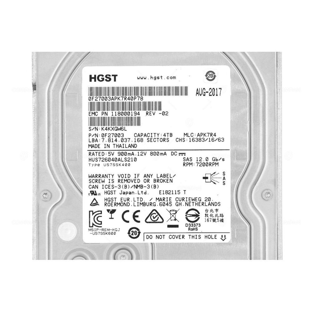 005053639 EMC HARD DRIVE 4TB 7.2K 6/12GB 3.5LFF SAS FOR VNX5200 118000194, HUS726040ALS210